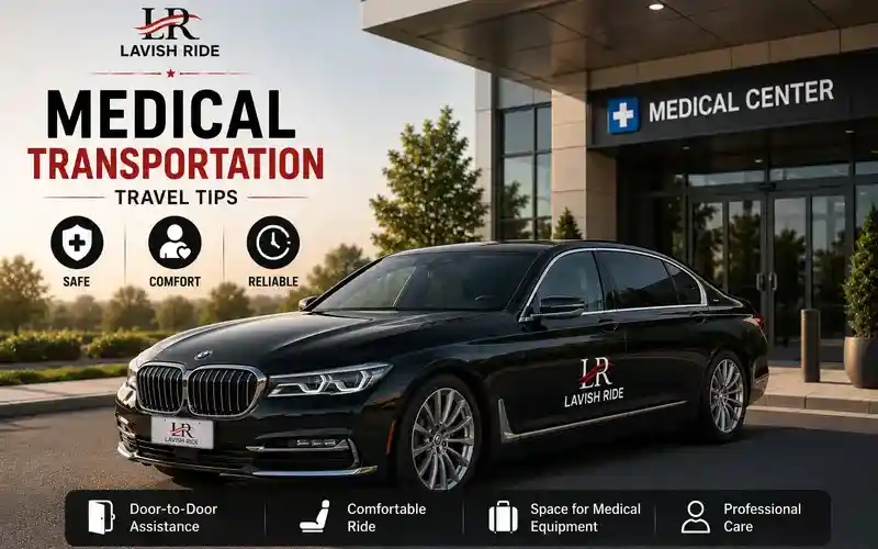 Black BMW 7 Series outside a medical center with a professional chauffeur and patient nearby, highlighting comfortable, reliable medical transportation and long-distance healthcare travel.